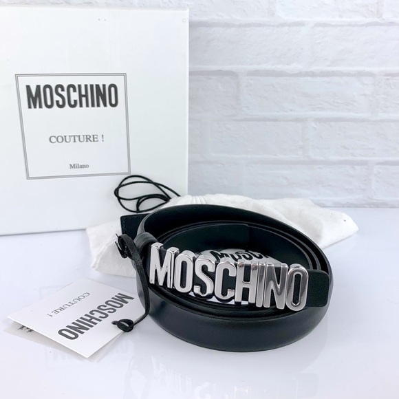 NEW! MOSCHINO Couture Thin Leather Logo Belt Black Silver 90 CM main image 9